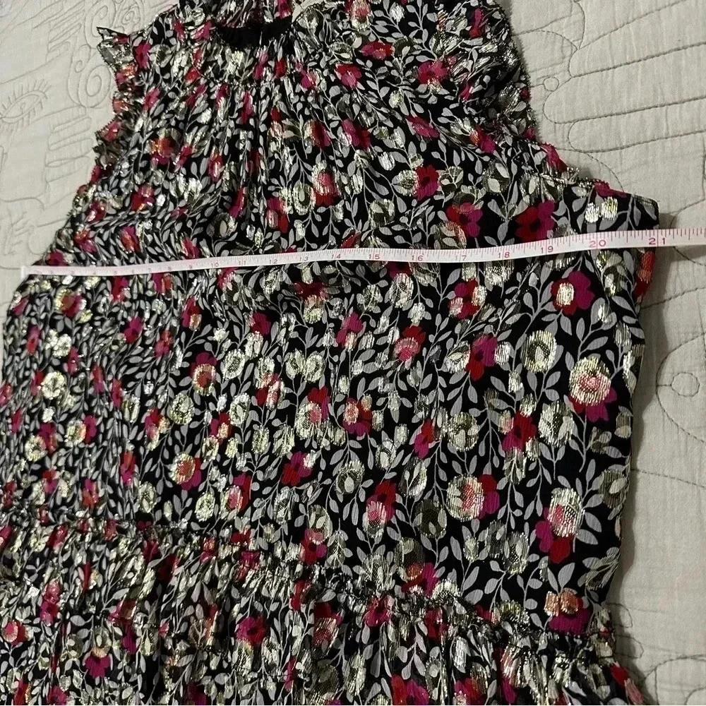 Kate Spade Large Floral Park Silk Sleeveless Ruffle Top Metallic Clip Dot
